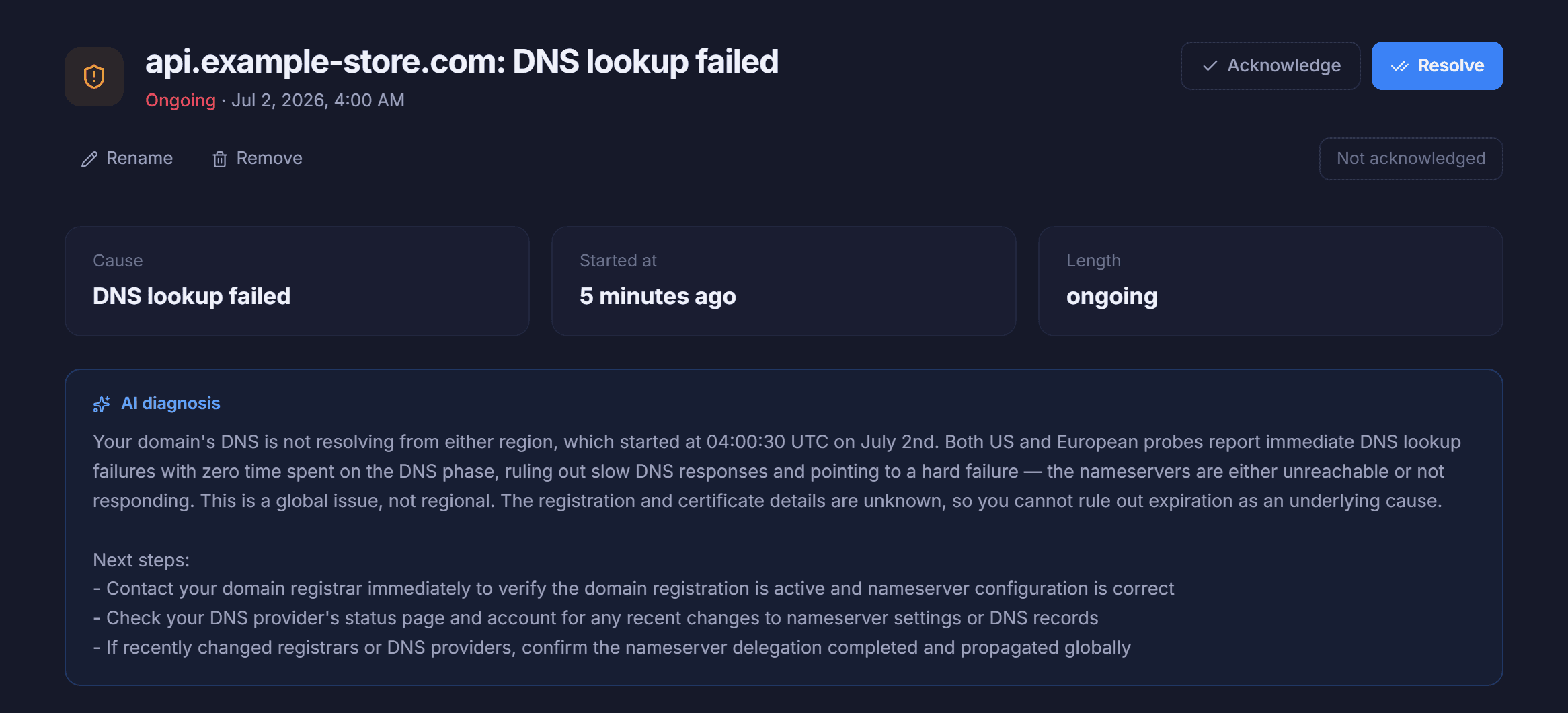 An incident page where the AI diagnosis names a DNS failure seen from both regions and lists concrete next steps